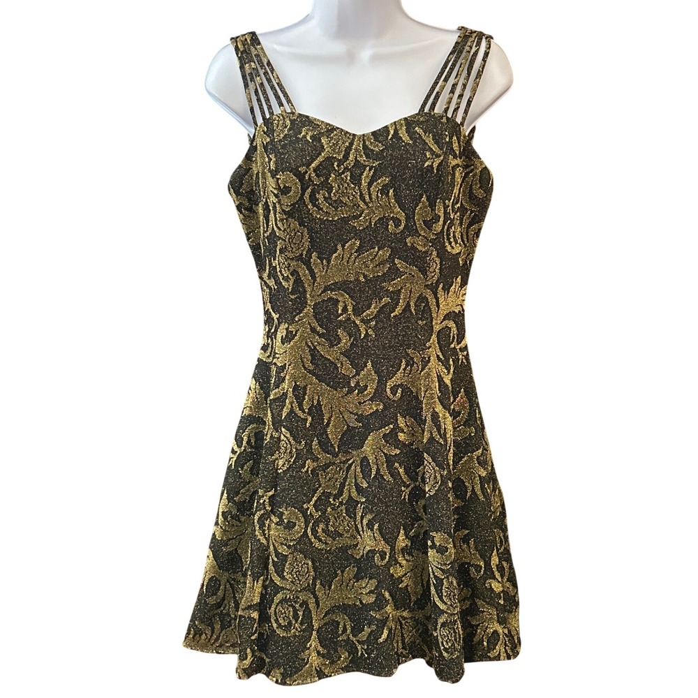 90's Y2K All That Jazz Mini Dress Gold Damask Baroque Glam Party Skater J833754